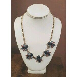 J. Crew Burgundy Navy Blue Rhinestone Statement Necklace Gold Tone Lobster Clasp